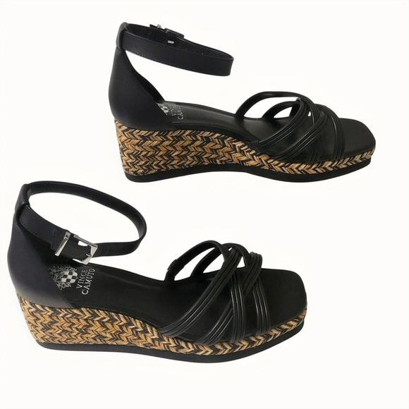Vince Camuto Black Wedge Heel Sandals with Ankle Strap, Size 11W (NWT) - Picture 1 of 11